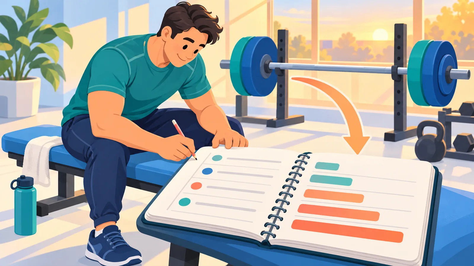 Người tập ghi chép mức tạ vào sổ theo dõi luyện tập trong phòng tập