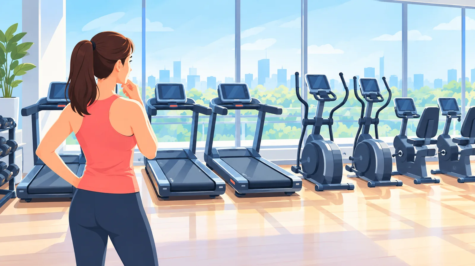 Người đứng trước dãy máy cardio ở phòng gym, đang cân nhắc chọn máy