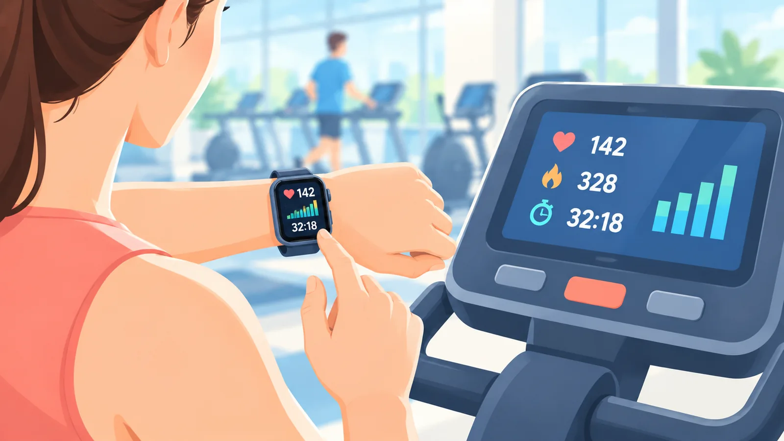 Đồng hồ thông minh cạnh màn hình máy cardio hiển thị số liệu buổi tập