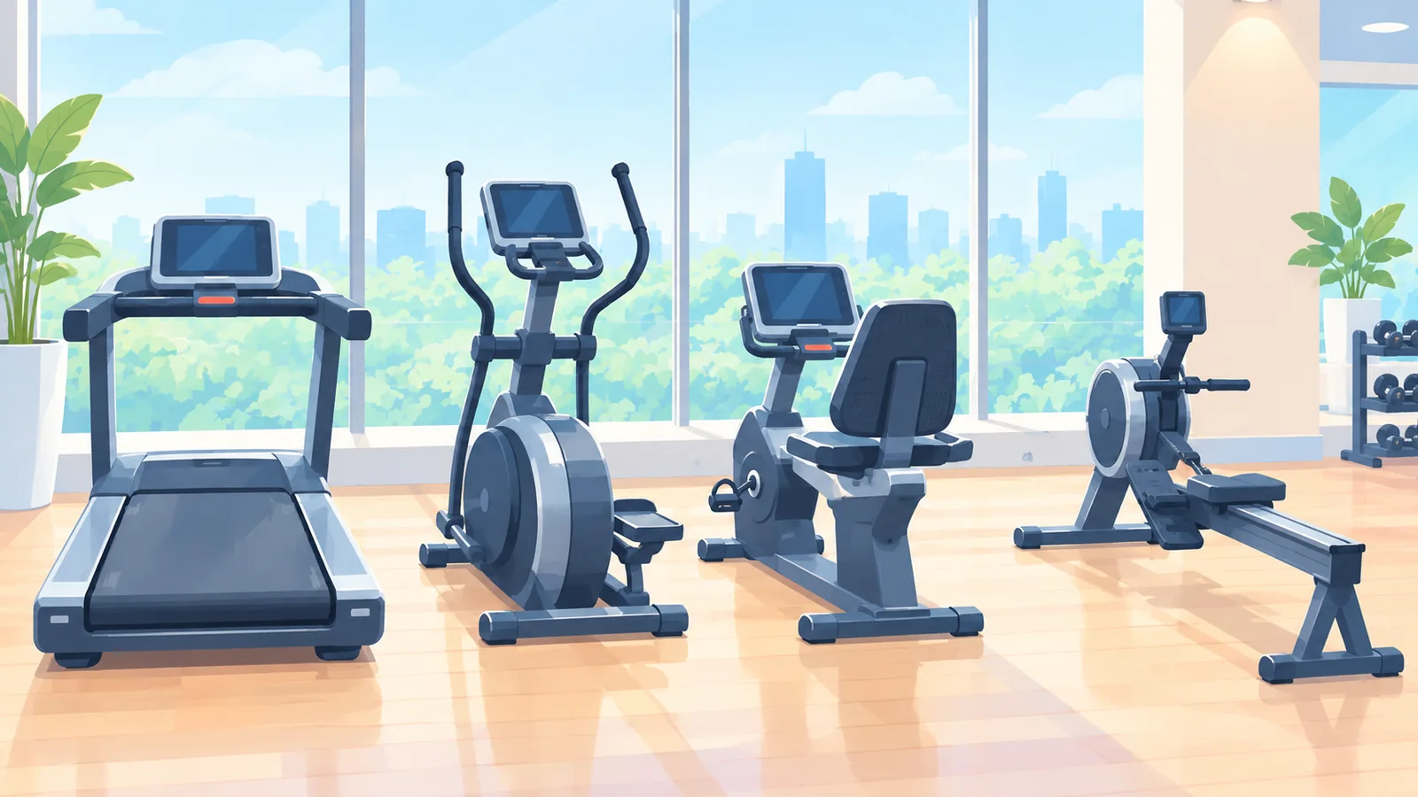 Bốn loại máy cardio gồm máy chạy bộ, elliptical, xe đạp nằm và máy chèo