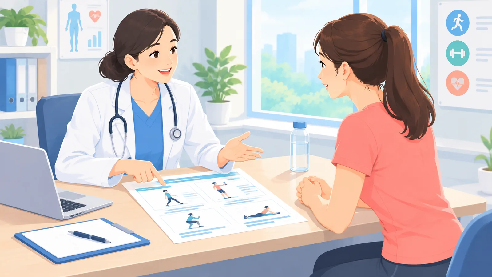 Buổi trao đổi giữa nhân viên y tế và người tập về kế hoạch vận động