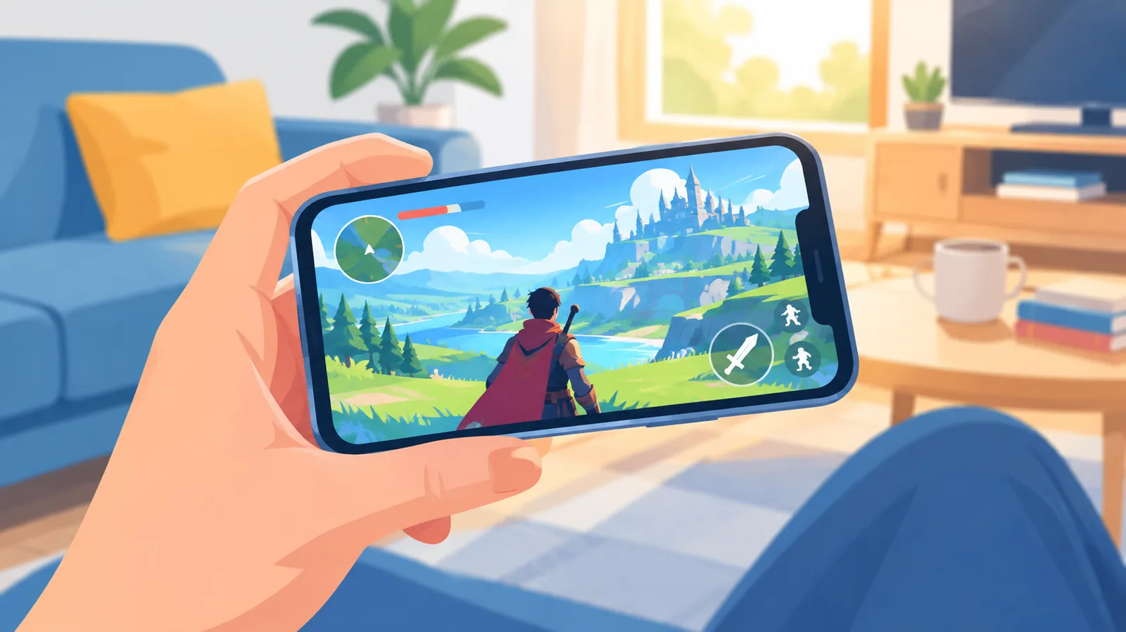 Tay cầm iPhone đang hiển thị game truyền từ đám mây trong phòng khách
