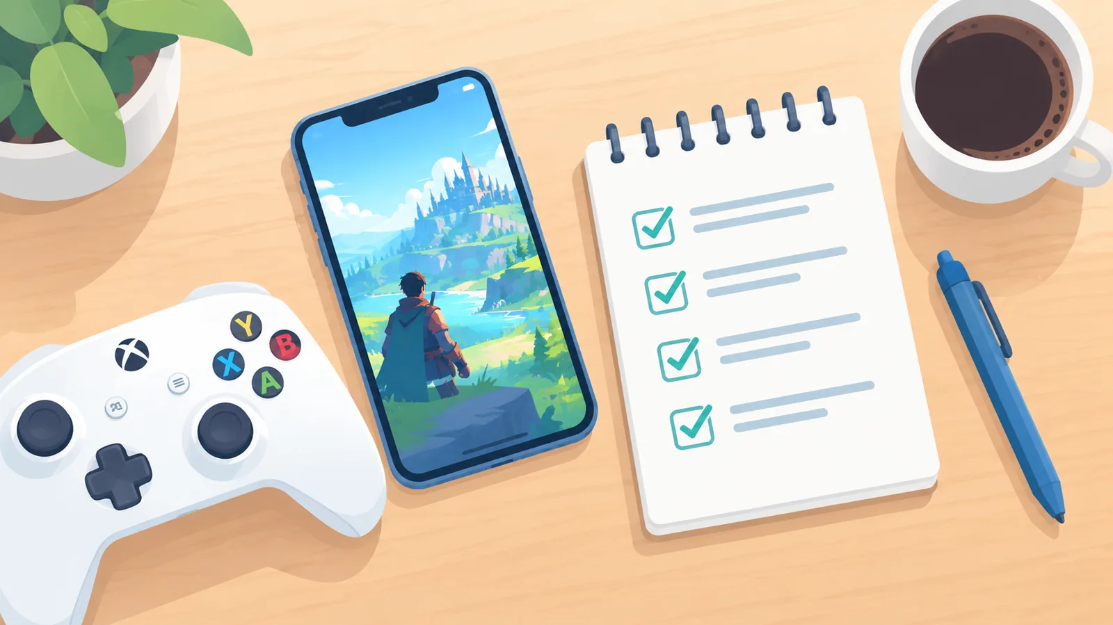 Bàn làm việc có iPhone, tay cầm Xbox và danh sách chuẩn bị