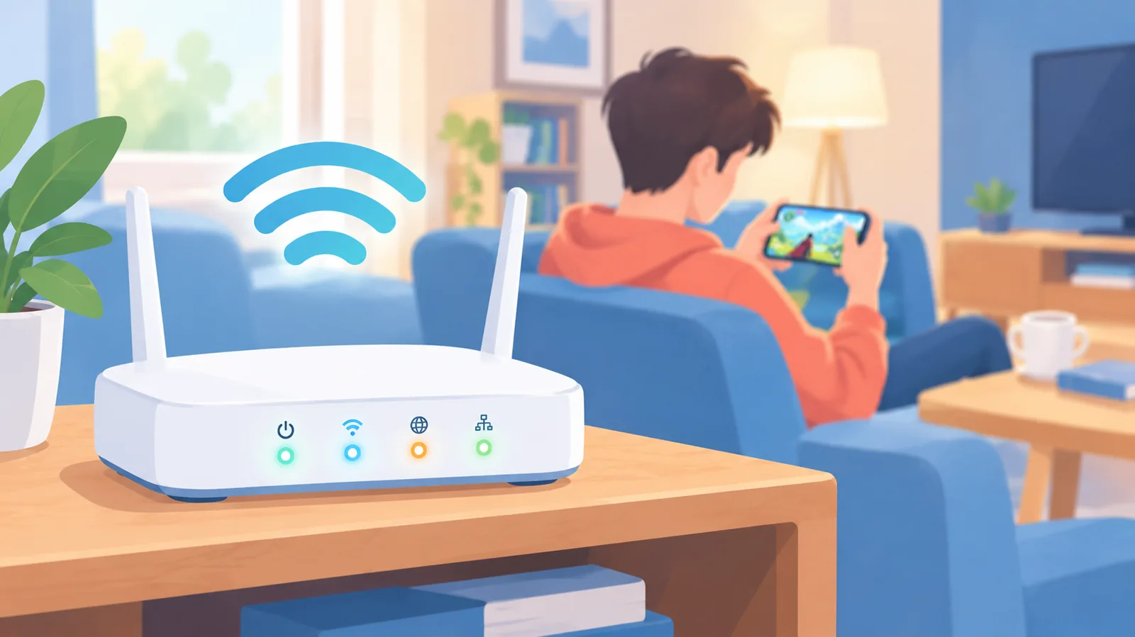 Bộ phát Wi-Fi và người đang chơi game trên điện thoại