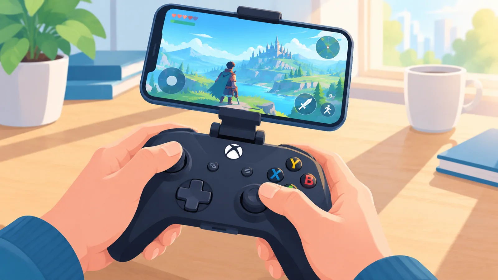 iPhone gắn trên tay cầm Xbox khi đang chơi game