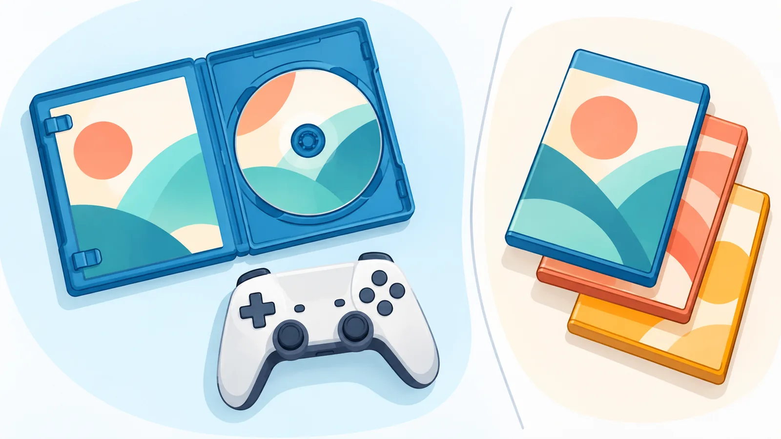 Hộp game và tay cầm thể hiện phần được chia sẻ và phần không chia sẻ
