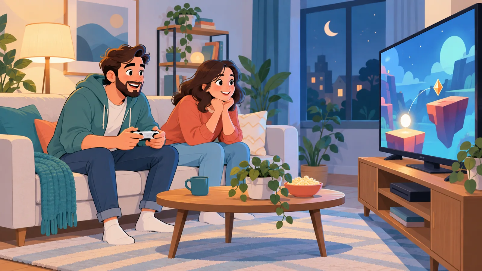 Hai người bạn ngồi sofa cùng xem và chơi game qua một phiên chơi chung