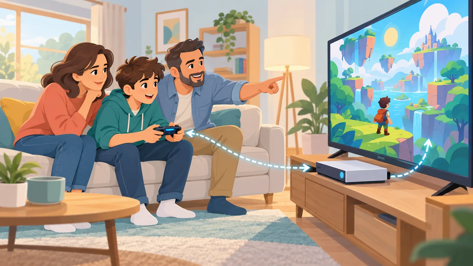 Gia đình ngồi quanh tivi trao đổi các câu hỏi thường gặp về chia sẻ game