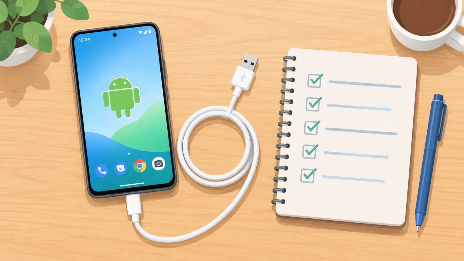 Điện thoại Android và danh sách chuẩn bị trên bàn