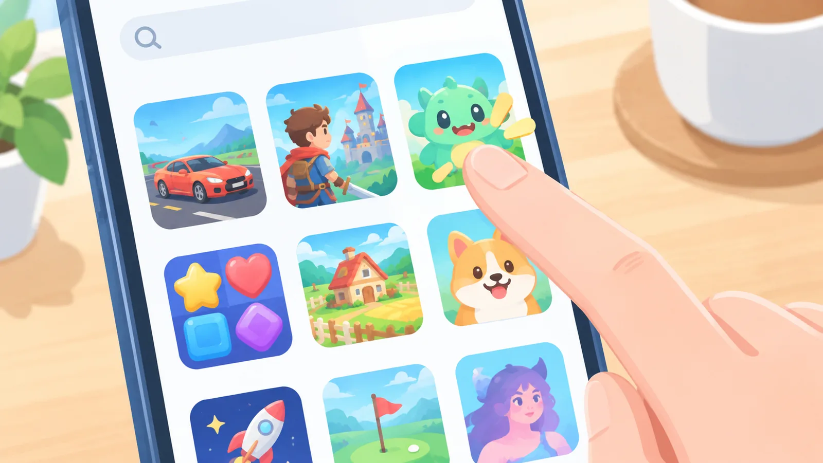 Ngón tay chạm vào biểu tượng cảm ứng trong thư viện game