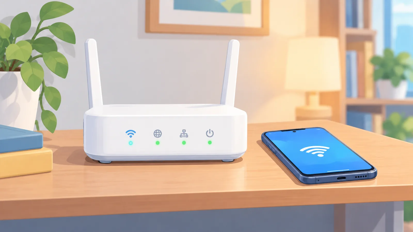 Router Wi-Fi đặt cạnh điện thoại