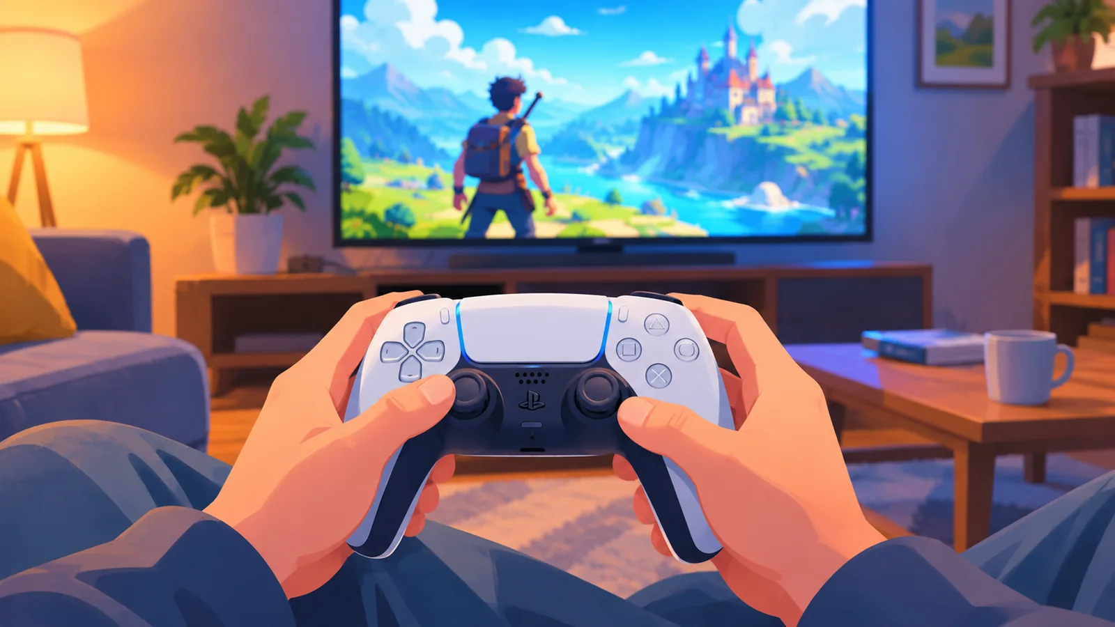 Người cầm tay cầm PS5 trước TV trong phòng khách