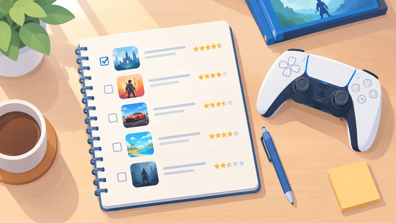 Bàn làm việc với sổ ghi chép và tay cầm PS5 khi chọn game