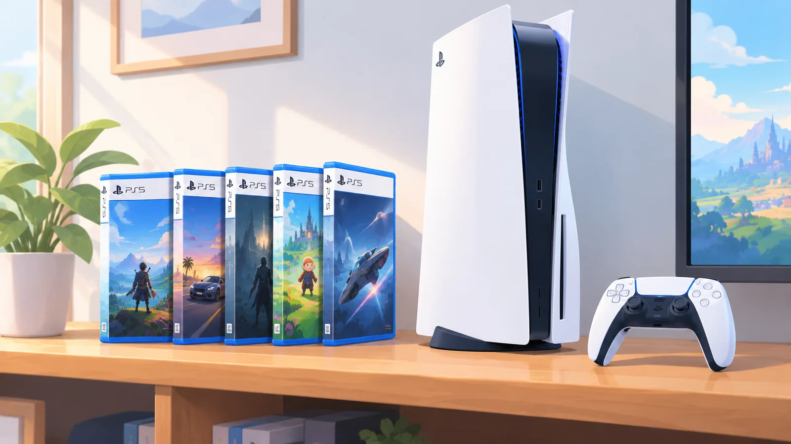 Kệ đĩa game PS5 cạnh máy PS5