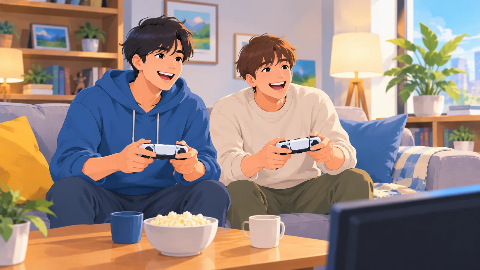 Hai người bạn chơi game co-op trên ghế sofa