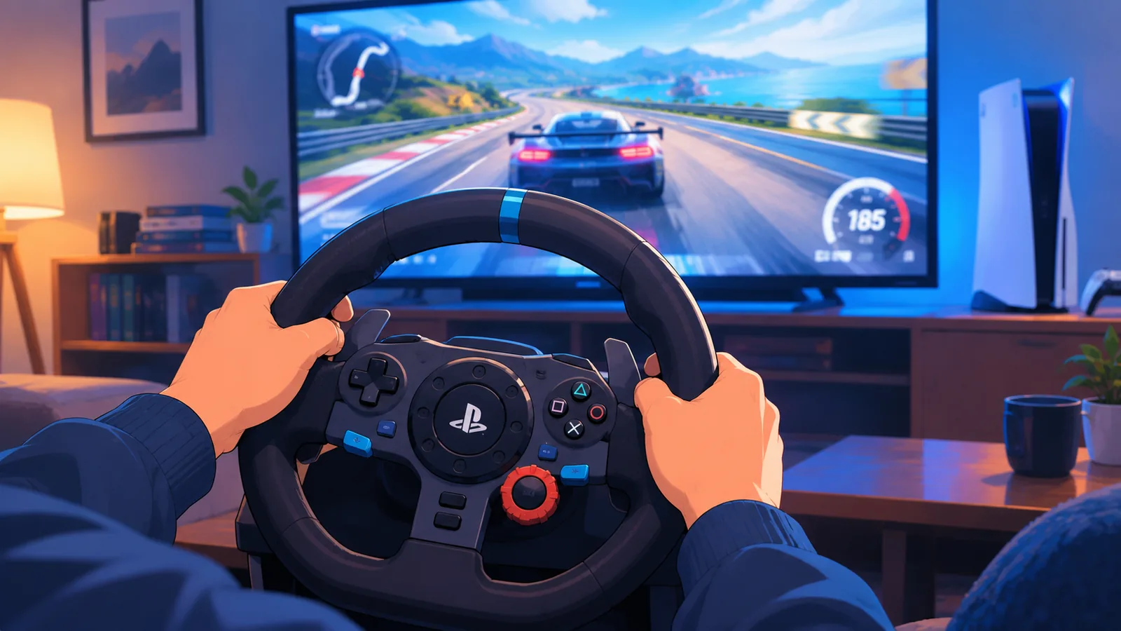 Người chơi game đua xe với vô lăng
