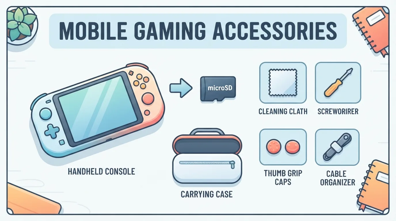 Thẻ nhớ microSD và ốp bảo vệ đặt cạnh máy chơi game cầm tay