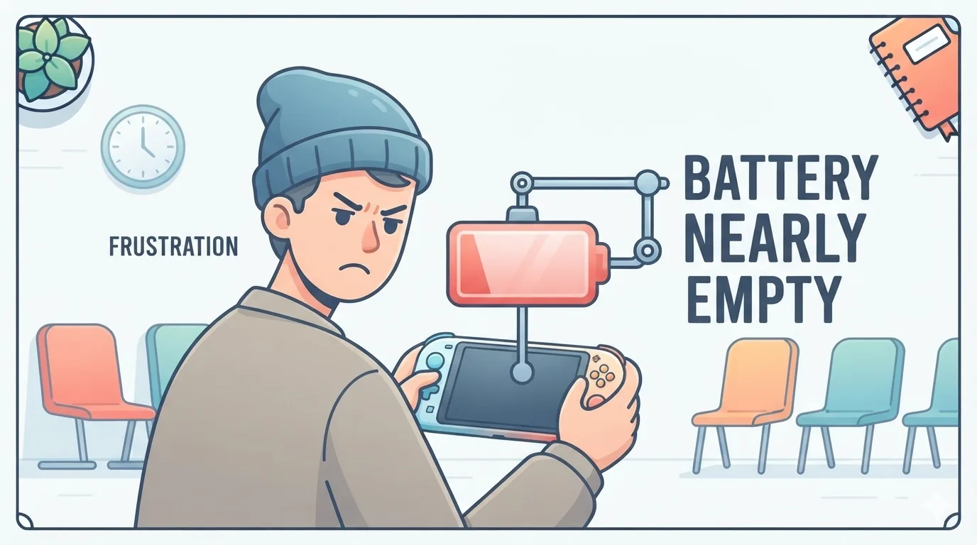 Người chơi nhìn biểu tượng pin gần cạn trên máy cầm tay