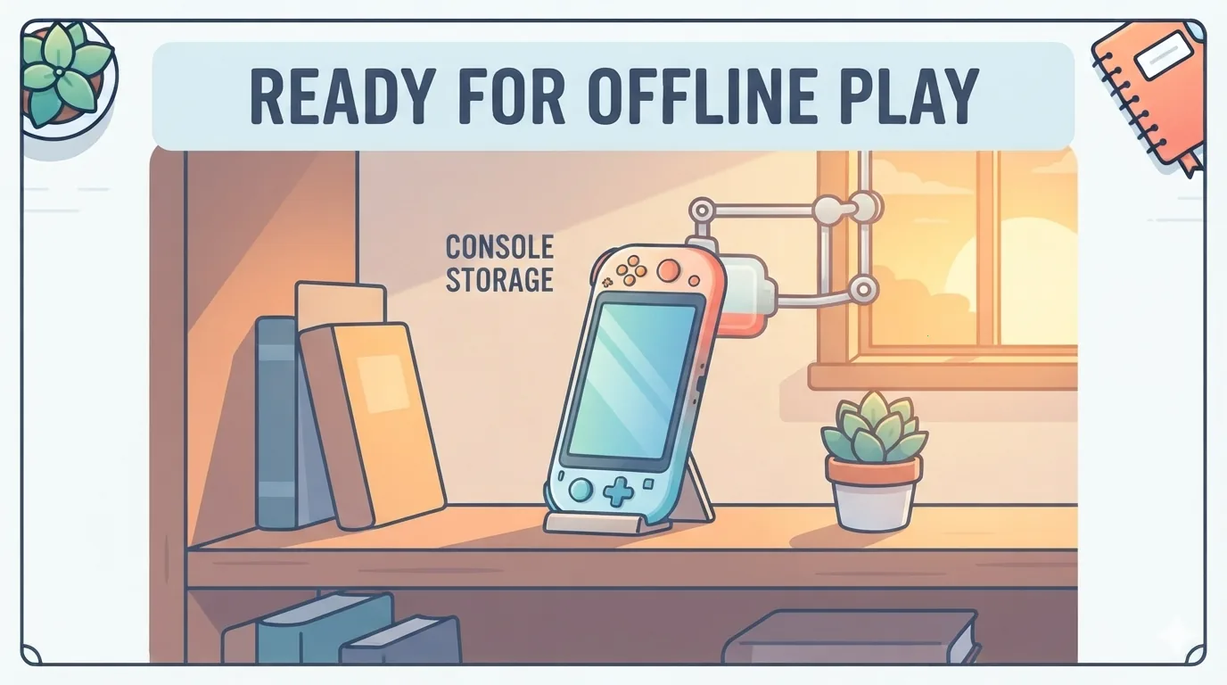 Máy chơi game cầm tay đặt trên giá sách lúc hoàng hôn