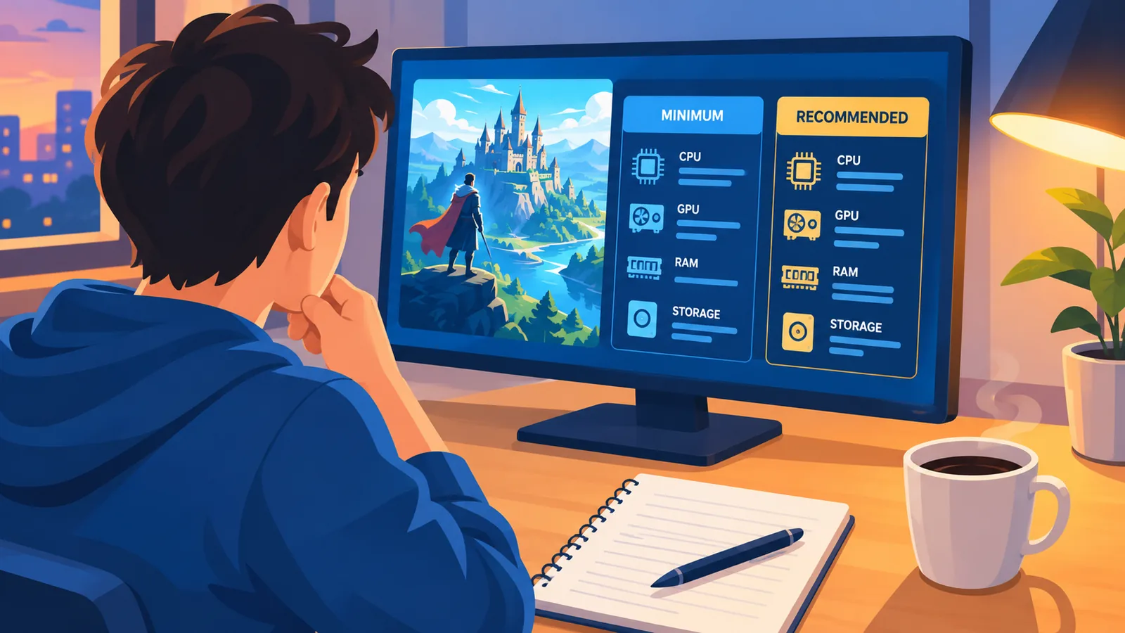 Người chơi kiểm tra yêu cầu cấu hình game trên màn hình máy tính
