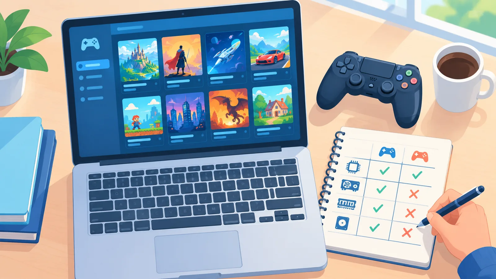Bàn làm việc với laptop hiển thị thư viện game và bảng so sánh