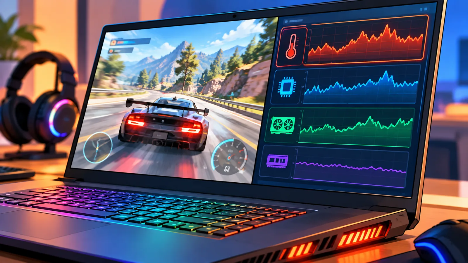 Công cụ theo dõi nhiệt độ hiển thị biểu đồ trên màn hình laptop gaming