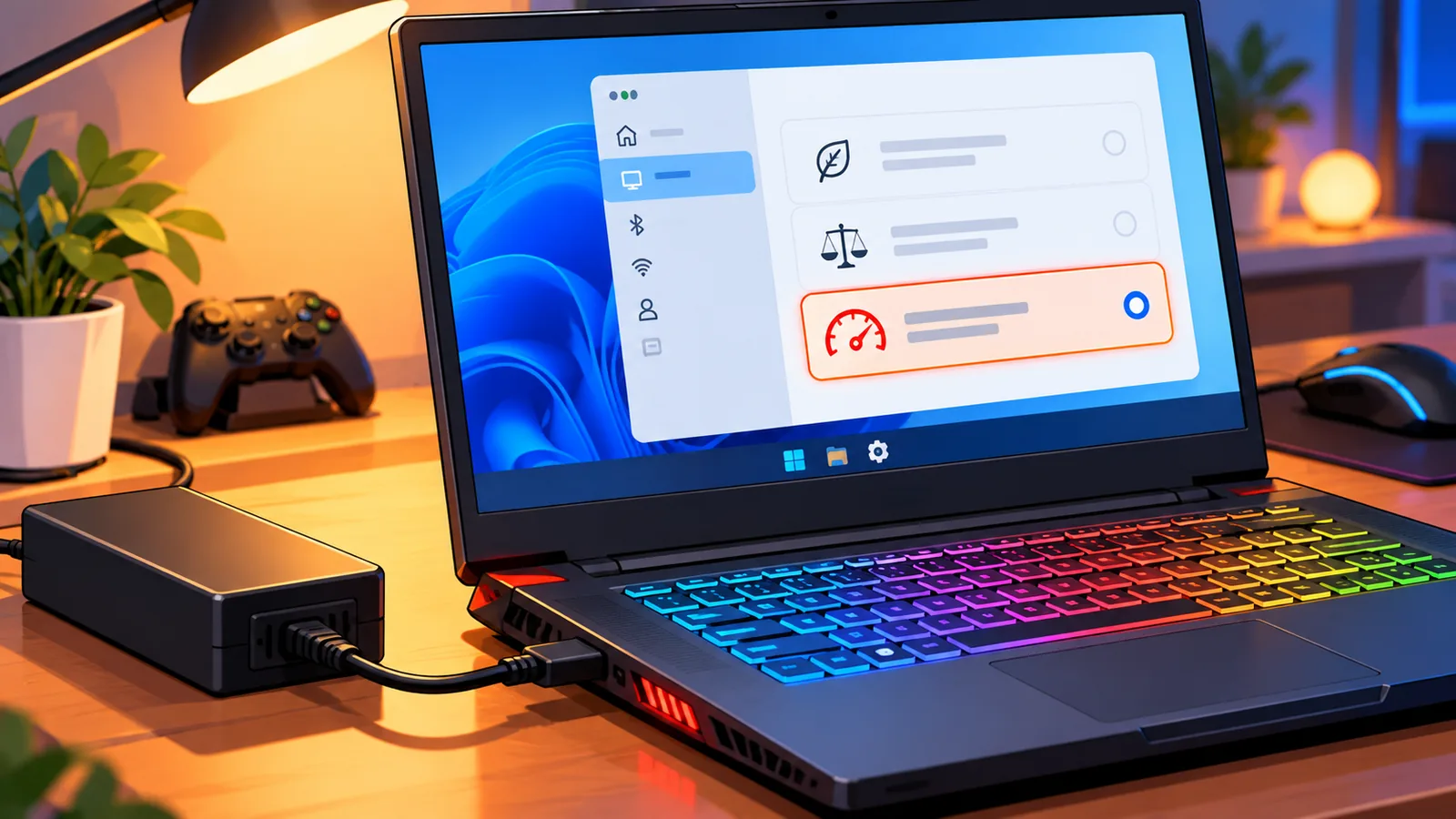 Laptop gaming cắm sạc gốc và chọn chế độ hiệu năng cao trong Windows