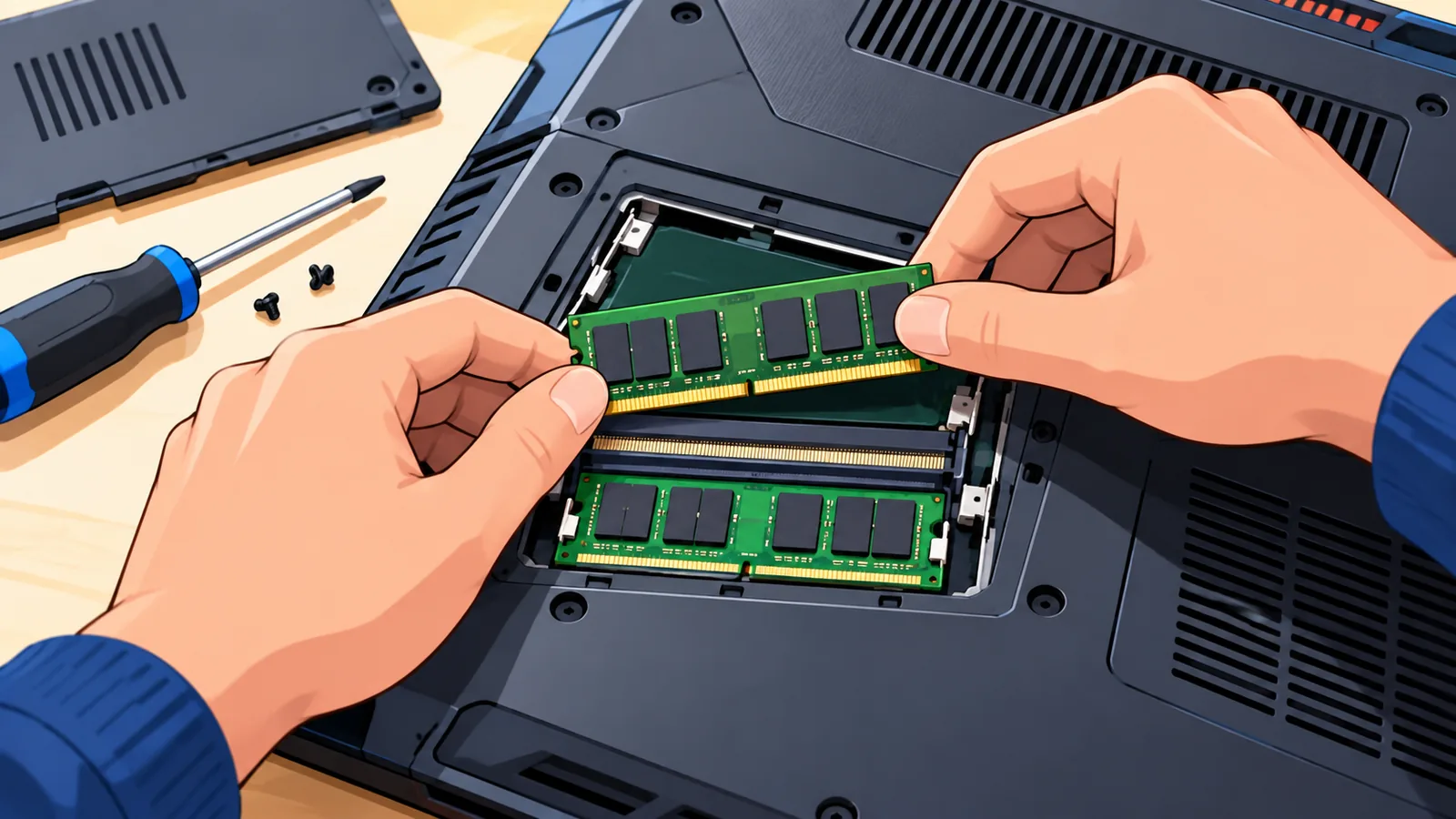 Tay lắp thanh RAM vào khe RAM của laptop