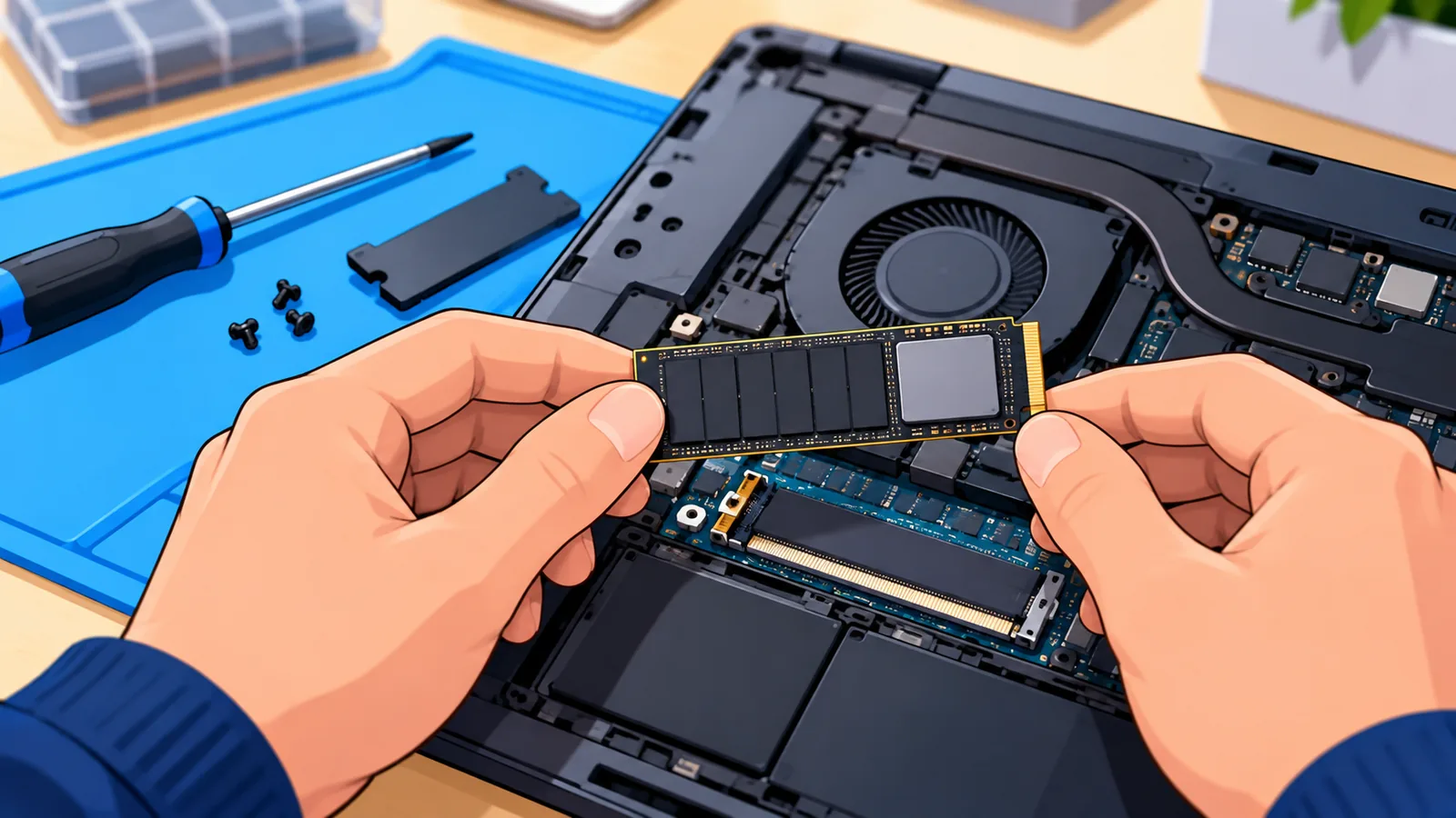 Kỹ thuật viên cầm ổ SSD M.2 chuẩn bị lắp vào laptop