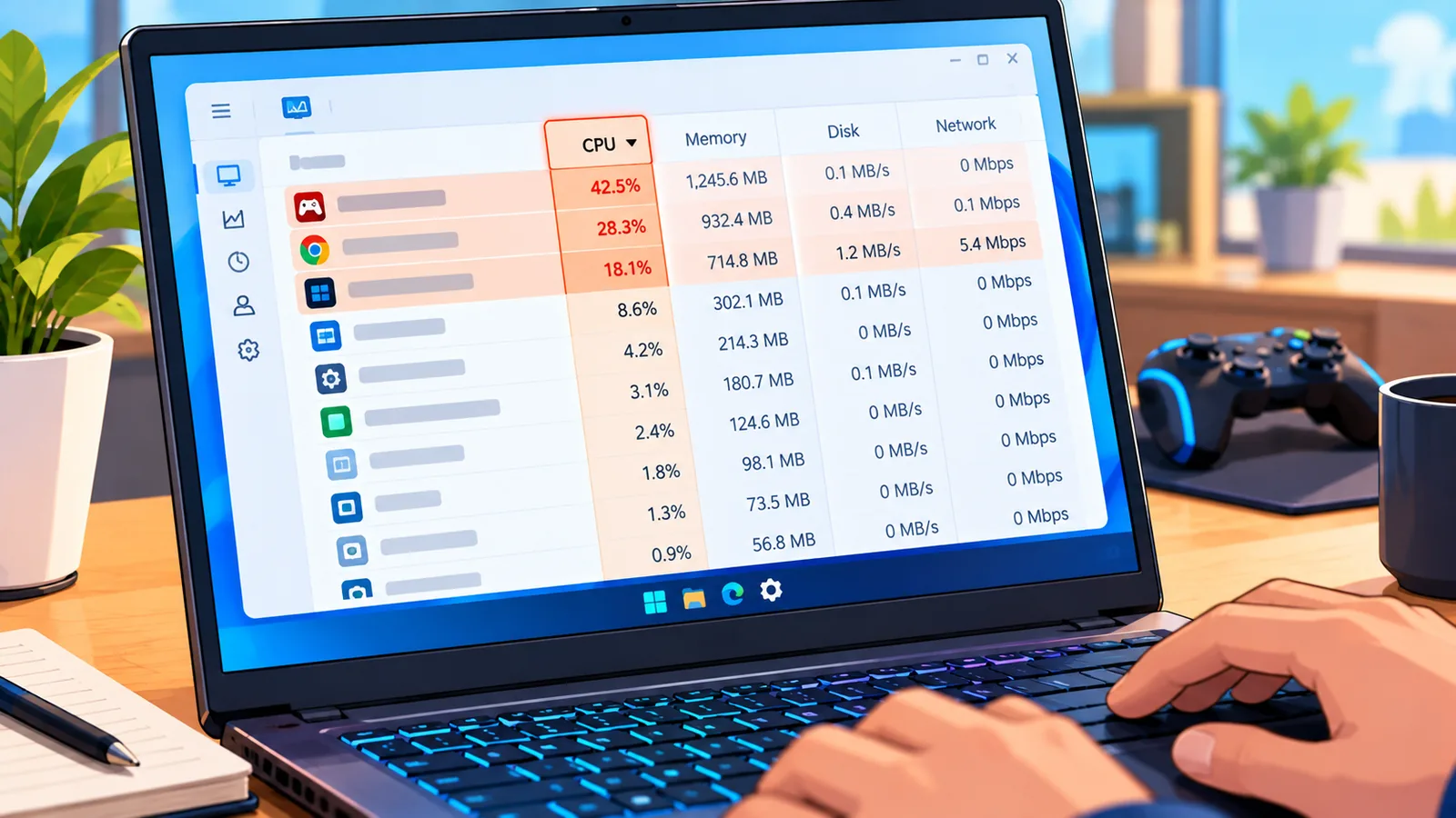 Task Manager hiển thị các tiến trình chạy nền tốn nhiều CPU