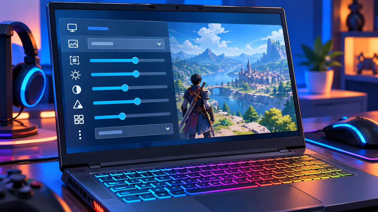 Menu cài đặt đồ họa trong game với thanh trượt độ phân giải và bóng đổ
