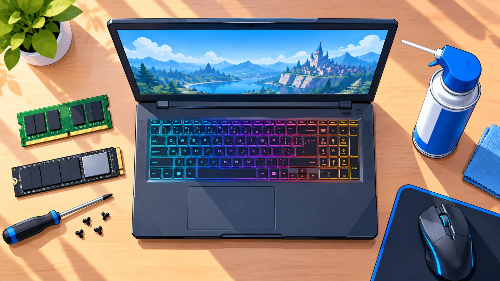 Laptop, thanh RAM, ổ SSD và bình khí nén bày trên bàn để so sánh hướng nâng cấp