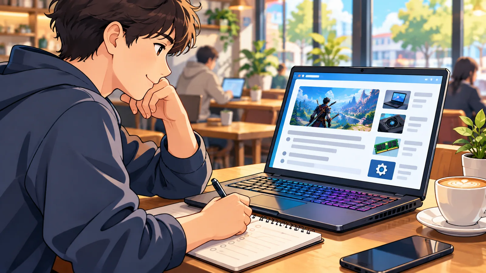 Người trẻ đọc hướng dẫn trên laptop gaming và ghi chú tại quán cà phê