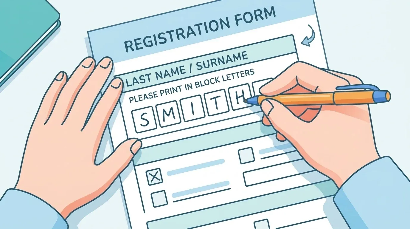 Tay đang điền biểu mẫu giấy bằng chữ in hoa