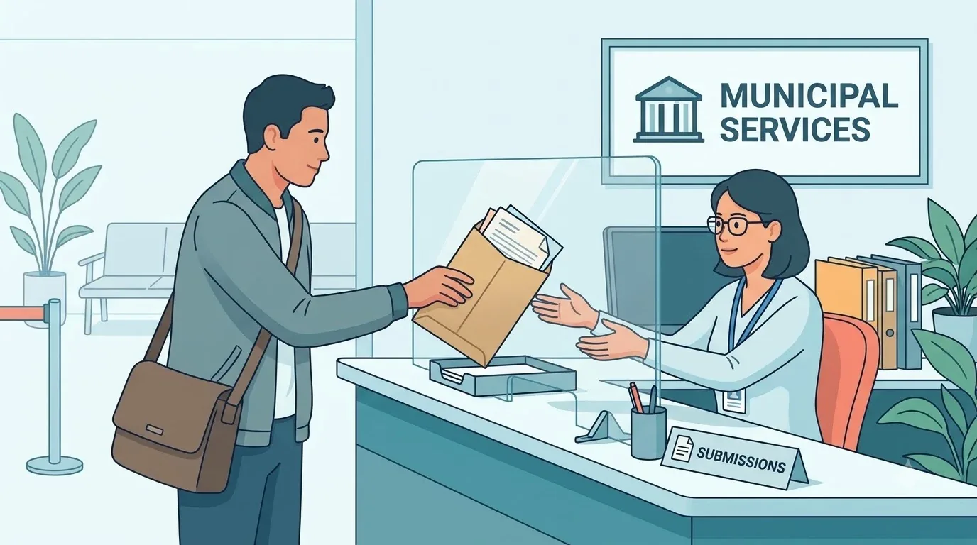 Người nộp phong bì hồ sơ cho cán bộ tại quầy cơ quan bầu cử
