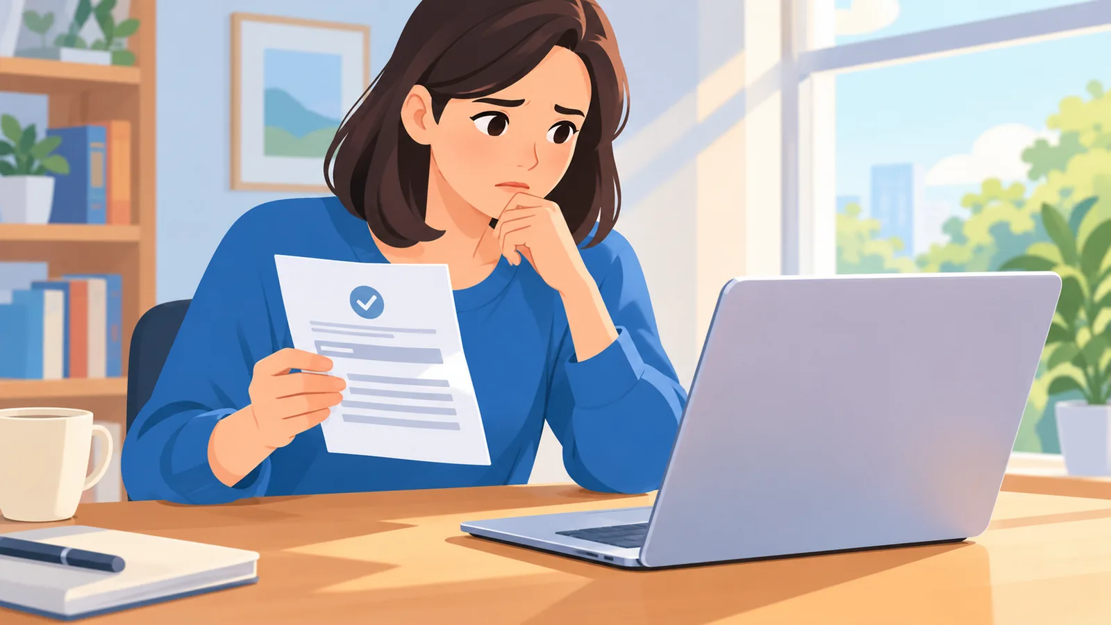 Người ngồi bên bàn làm việc cầm biên nhận hồ sơ và nhìn vào máy tính xách tay