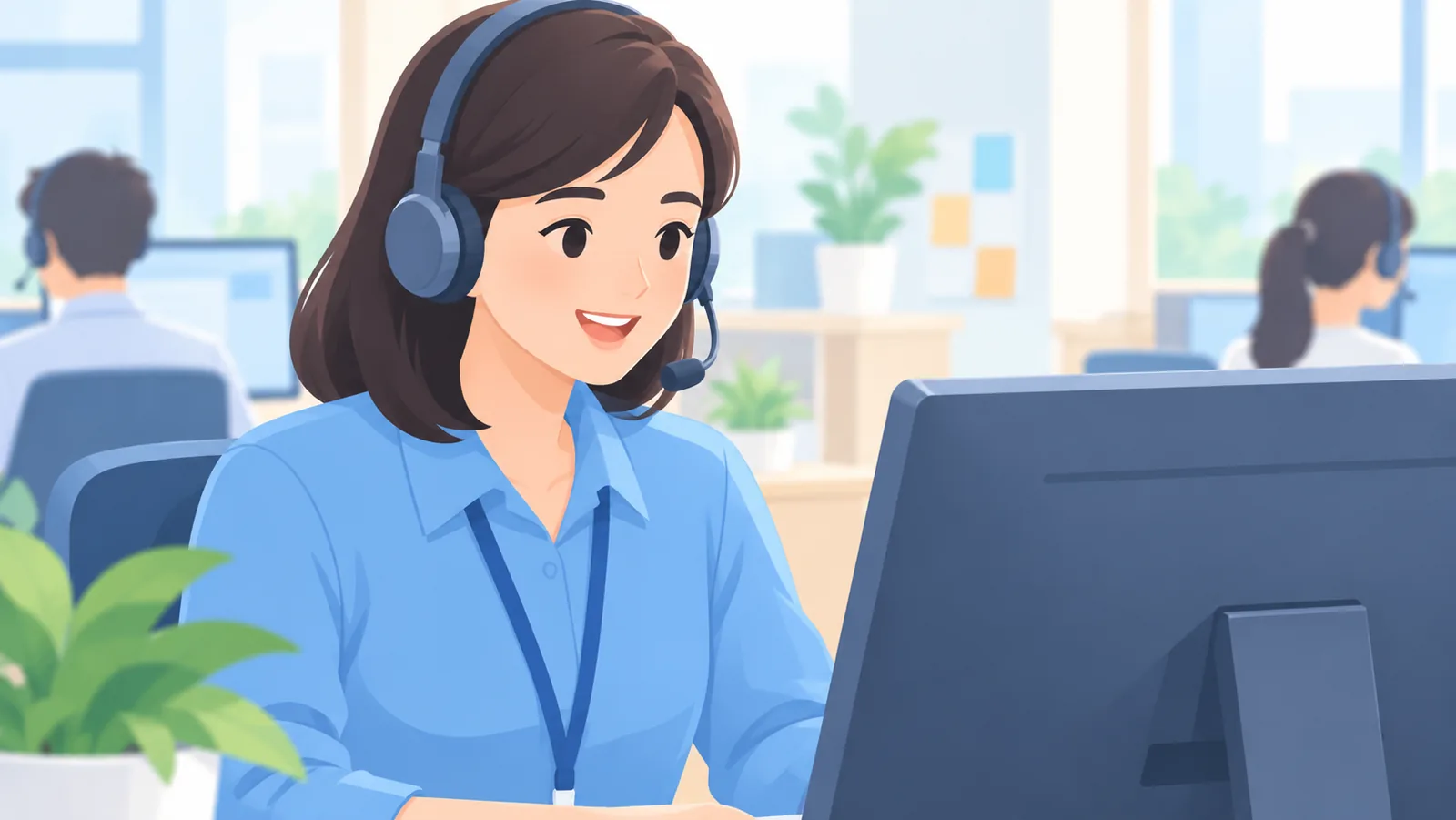 Nhân viên hỗ trợ đeo tai nghe làm việc tại bàn trợ giúp