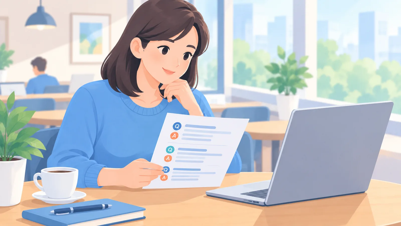 Người đọc tờ câu hỏi thường gặp tại bàn quán cà phê bên cạnh máy tính xách tay