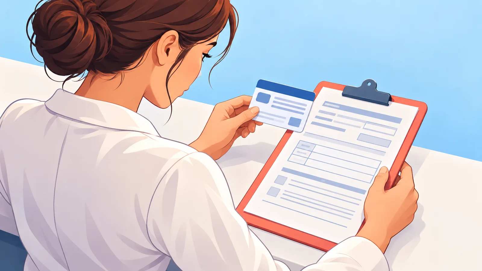 Nhân viên thanh toán xem thẻ bảo hiểm và phiếu tiếp nhận của bệnh nhân