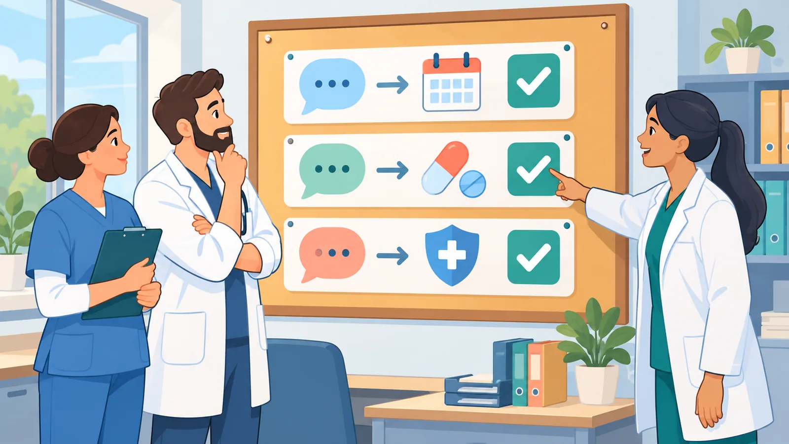 Nhóm nhân viên xem danh sách câu hỏi thường gặp trên bảng ghim