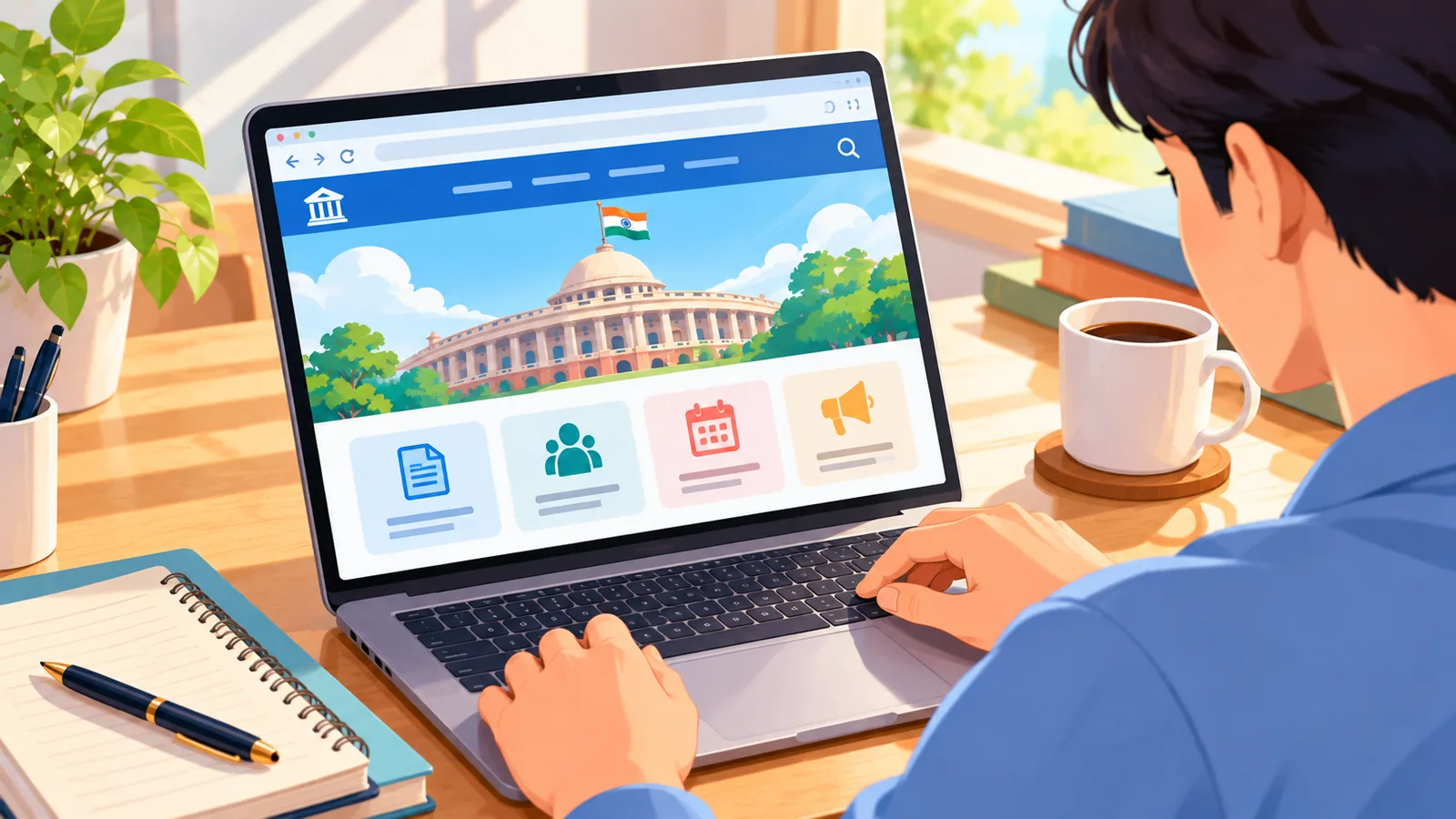 Người mở trang tài liệu cử tri trên máy tính vào buổi sáng