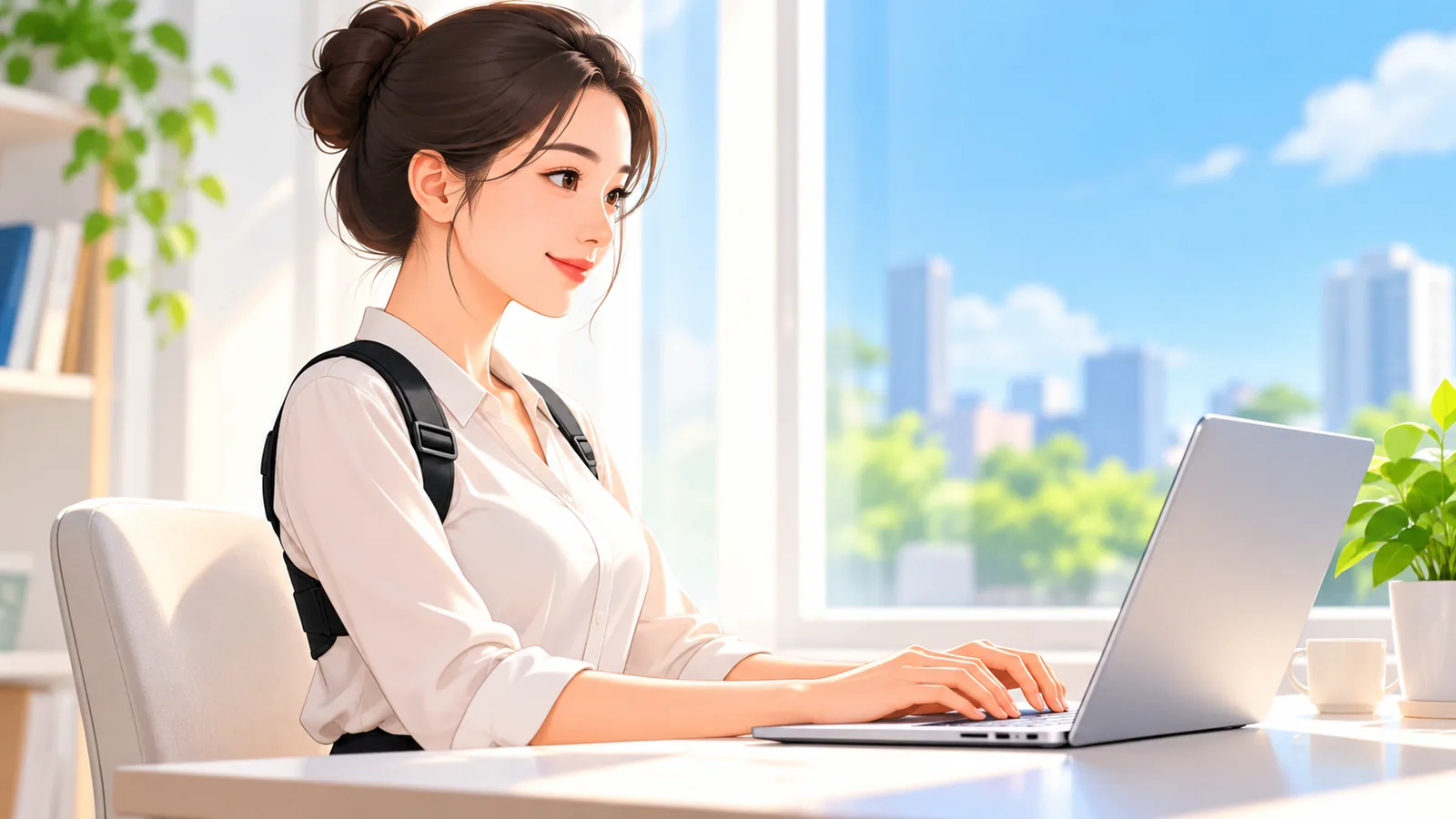 Phụ nữ ngồi thẳng lưng bên bàn làm việc, đeo đai chỉnh tư thế mỏng