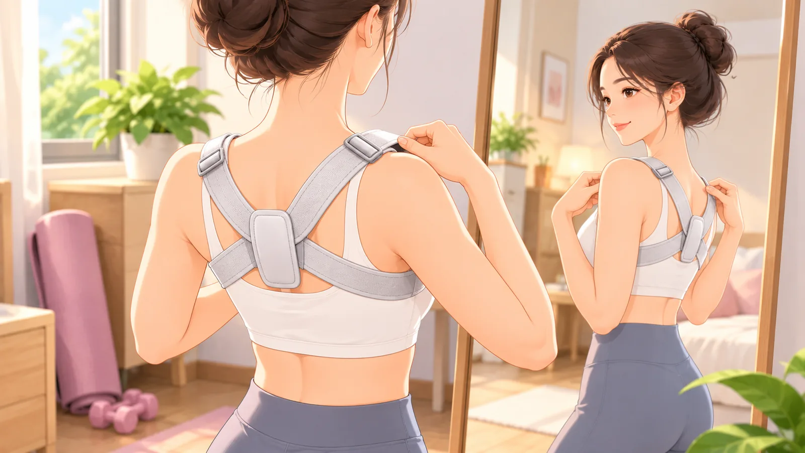 Phụ nữ chỉnh độ căng của đai trước gương tại nhà