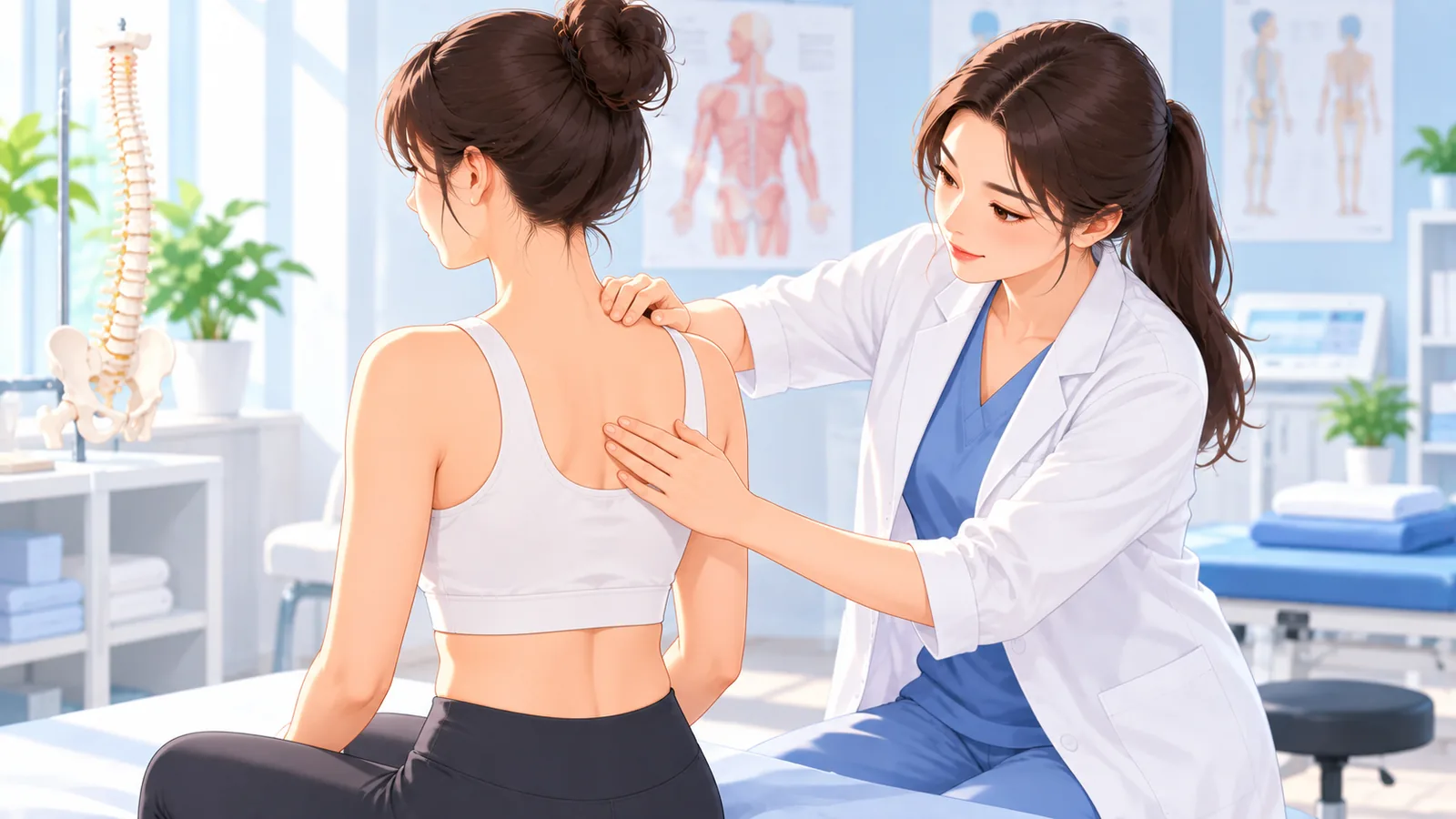 Chuyên viên vật lý trị liệu khám lưng cho một phụ nữ trong phòng khám