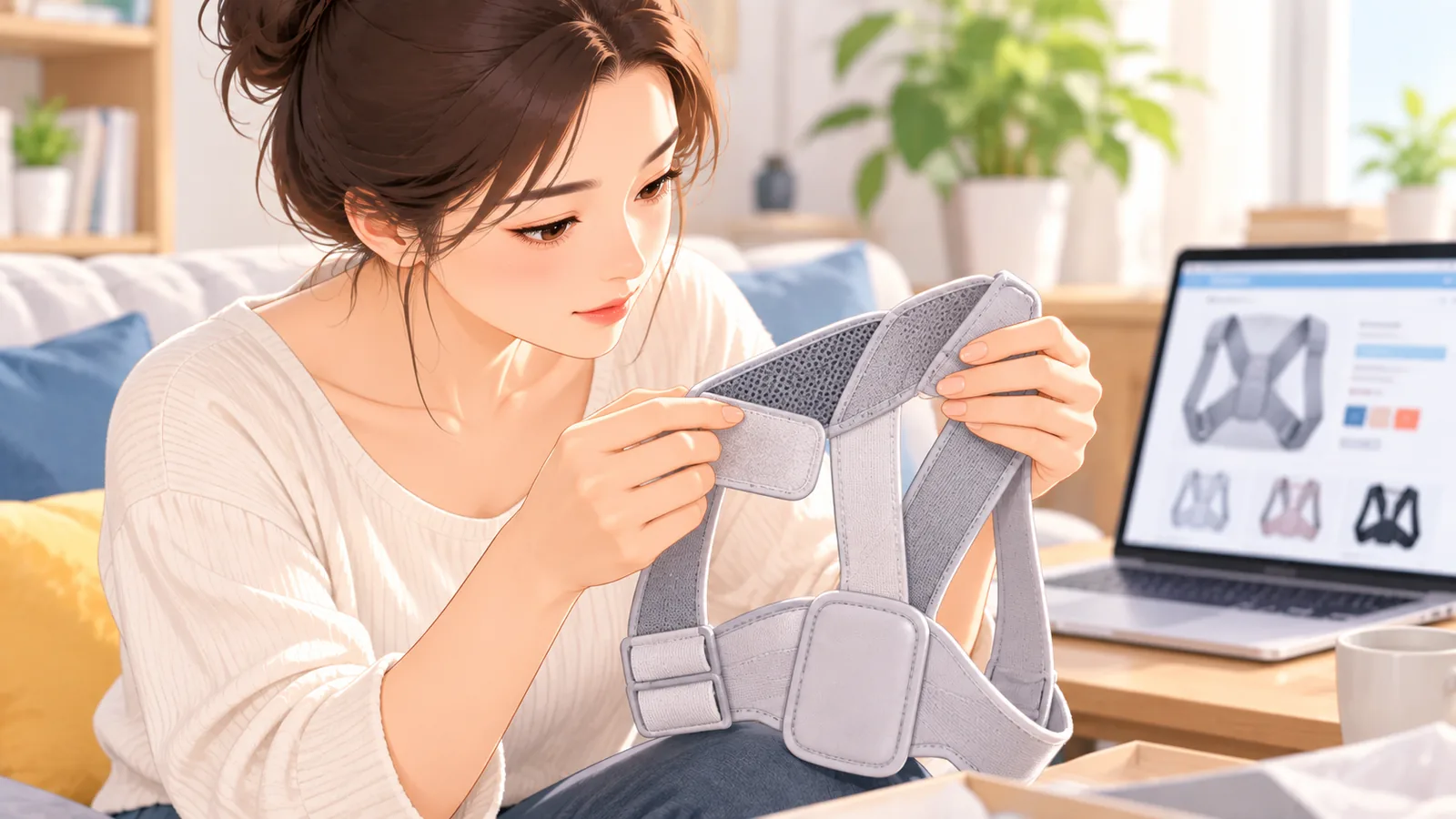 Phụ nữ kiểm tra đường may và khóa dán của đai trước khi mua