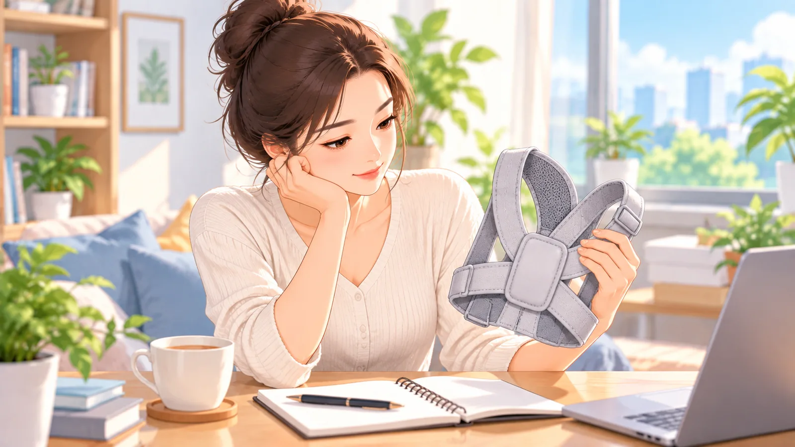 Phụ nữ cầm đai chỉnh tư thế và suy nghĩ về các câu hỏi thường gặp