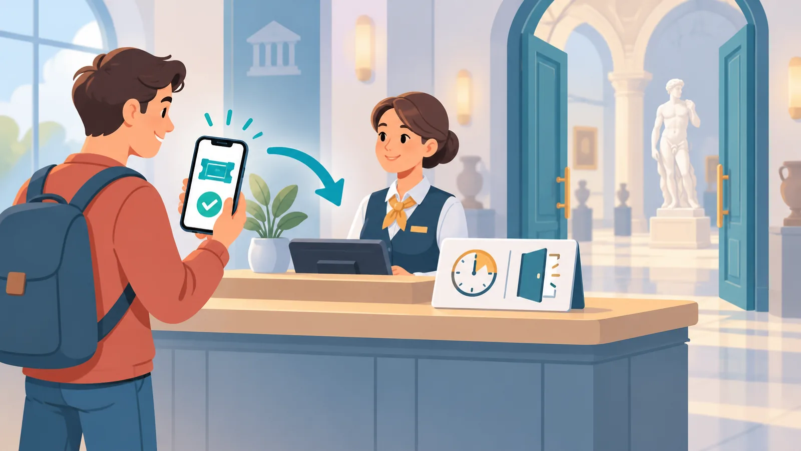 Quầy vé bảo tàng và du khách kiểm tra đặt chỗ