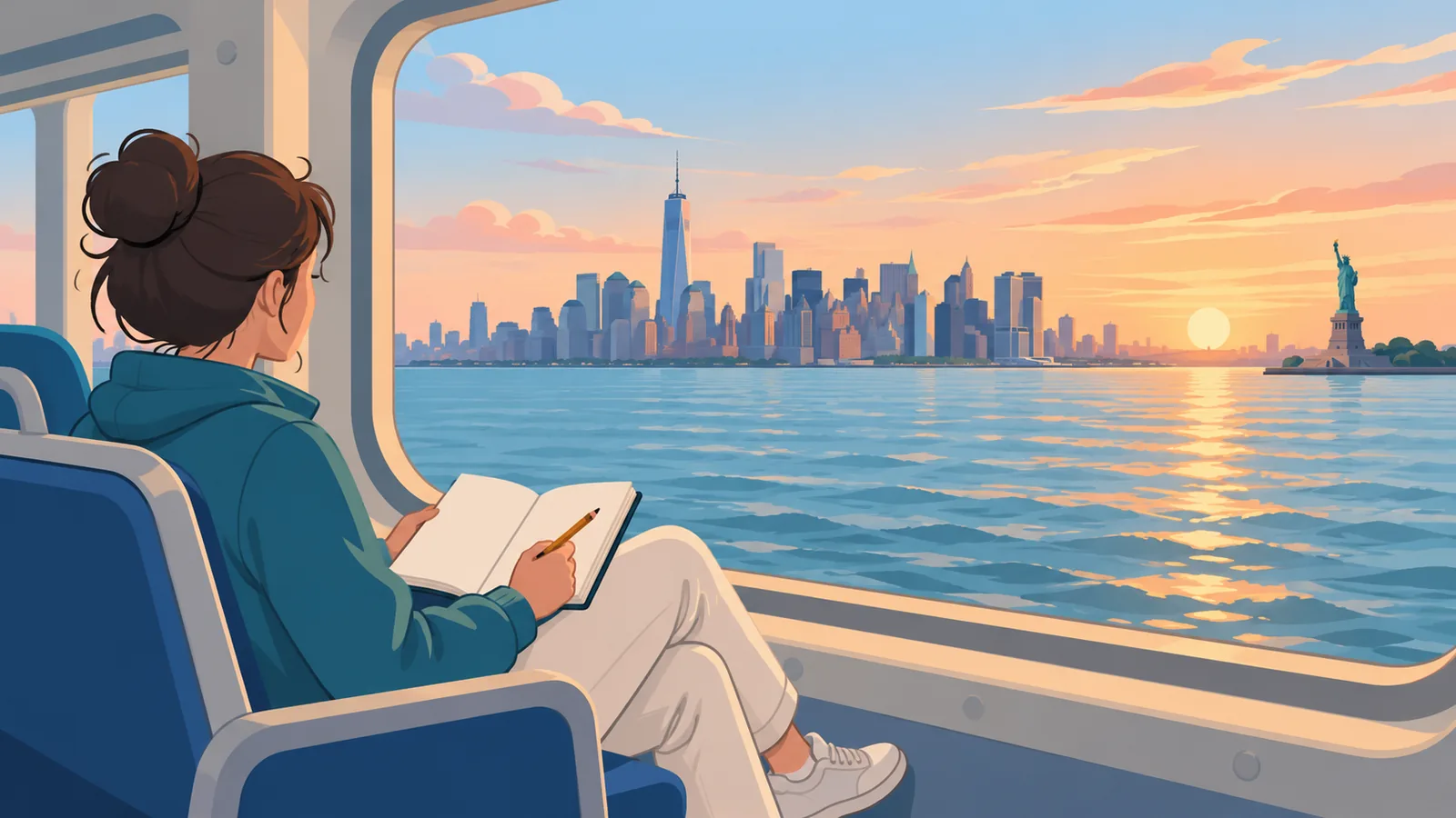 Du khách ngắm đường chân trời New York từ trên phà
