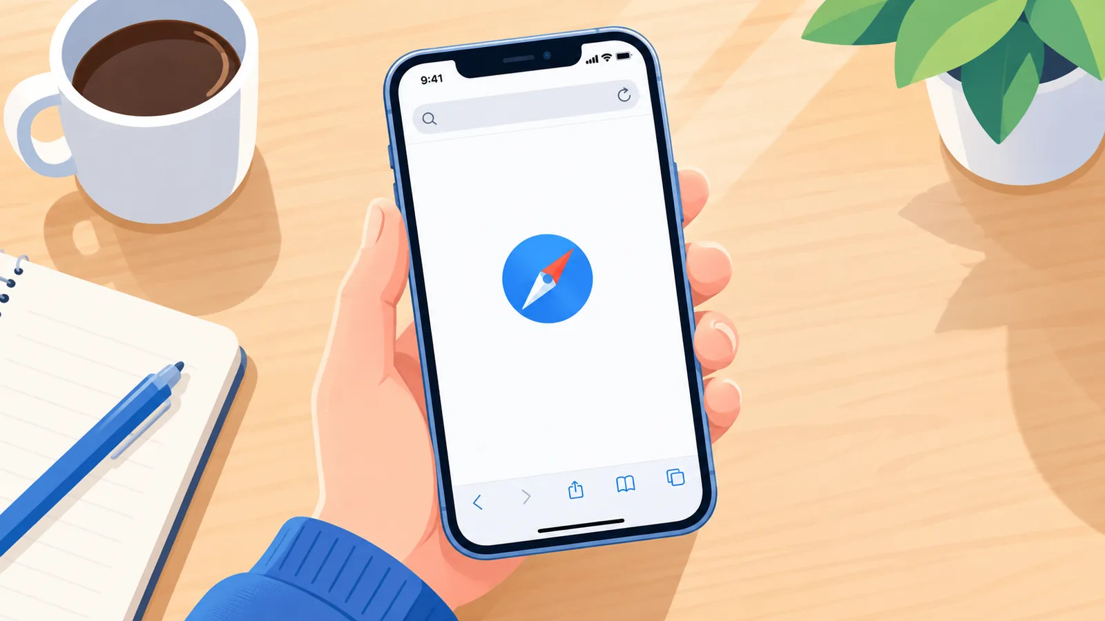 Tay cầm iPhone mở trang bắt đầu của Safari trên bàn gỗ