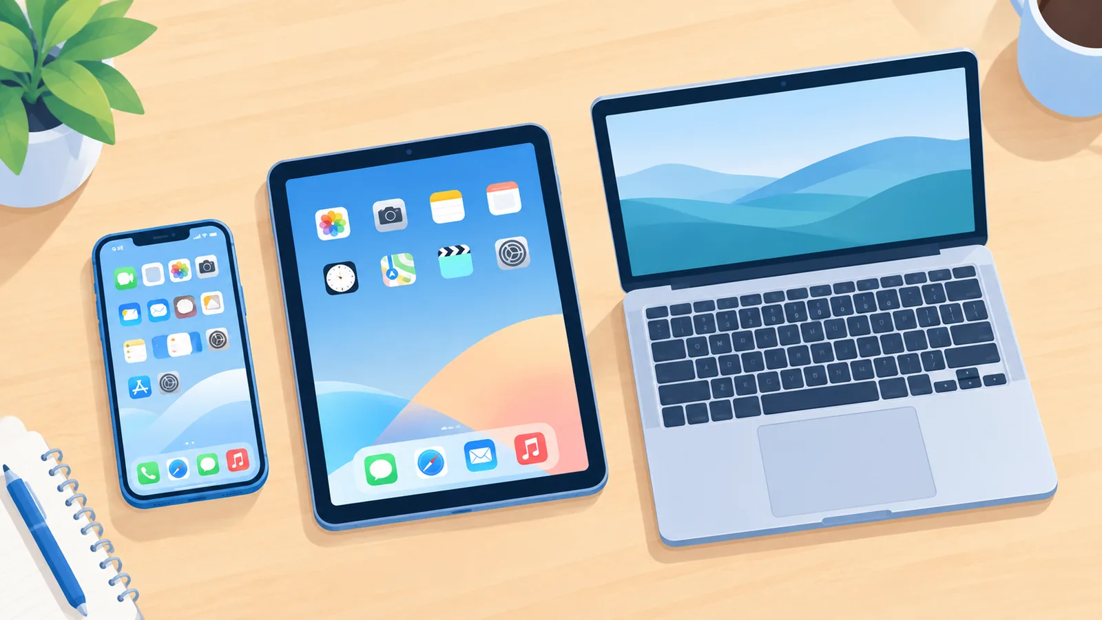 iPhone, iPad và laptop đặt cạnh nhau trên bàn